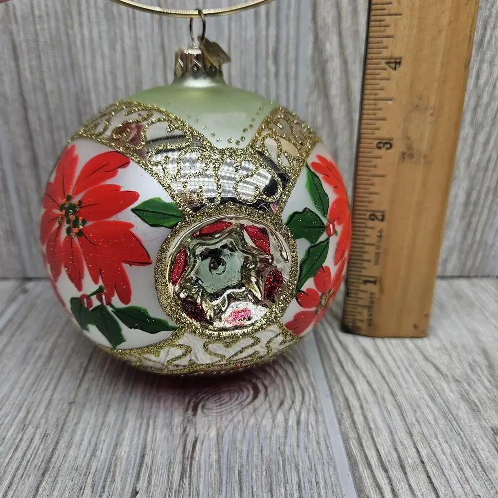 Vintage Hallmark Christmas Ornament Poinsettia Indent Ball Glass Red Gold 4 Inch